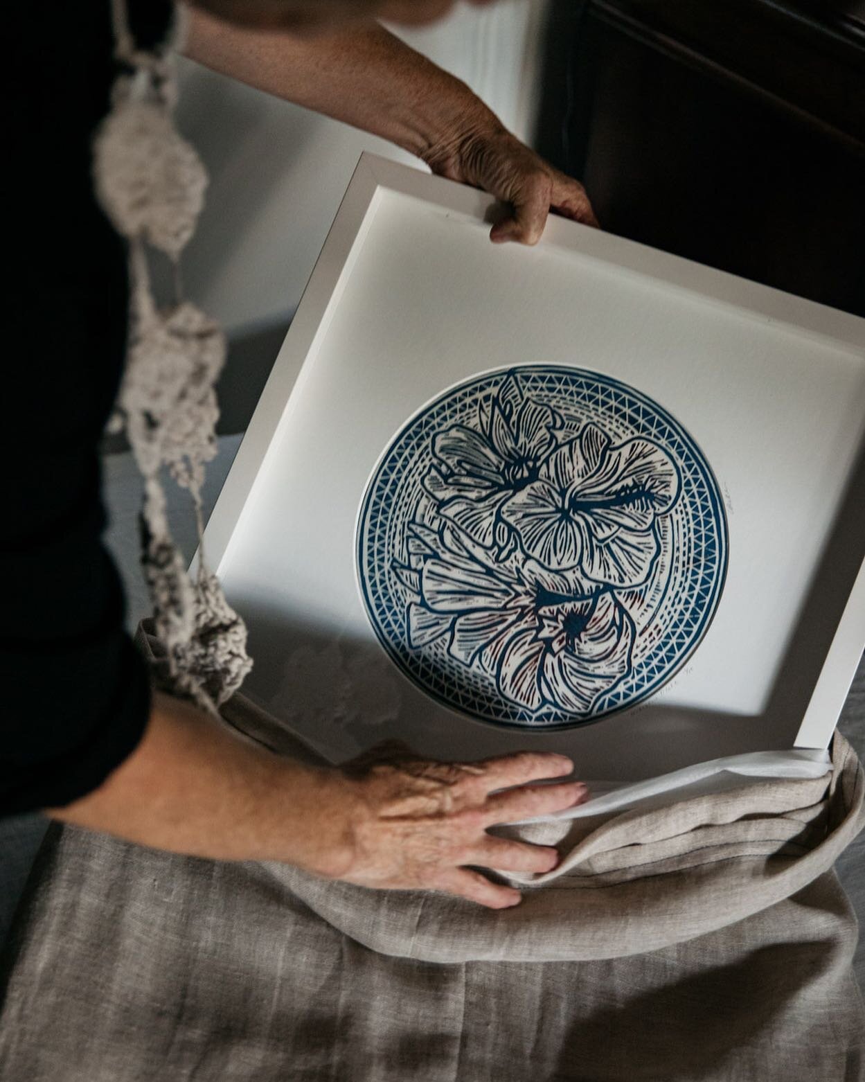 Hibiscus Plate lino cut - one of a series which includes nasturtium plate and daisy plate. The inspiration for the plate series was to capture the view from above a vase of flowers or floating flowers in a large bowl - a flattened blend of shapes and