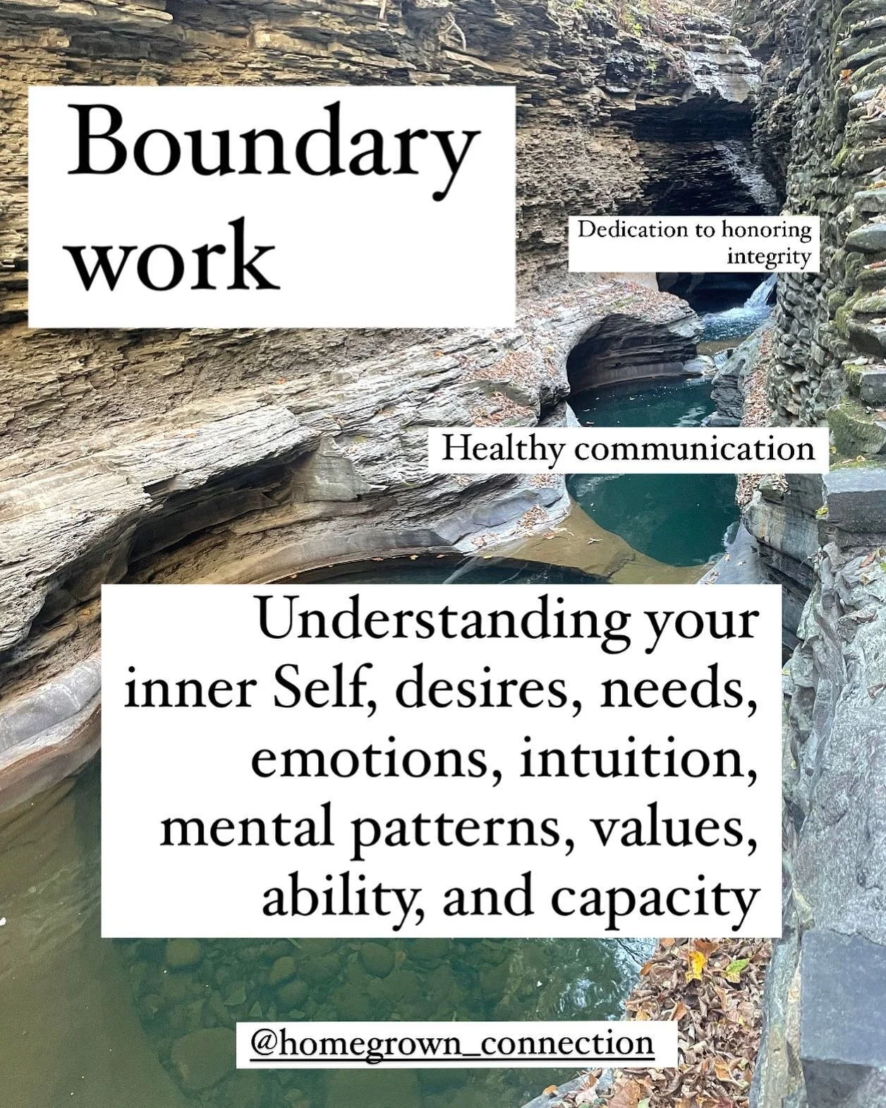 Boundary work is a three part process for protection of self, others, and relationships

While it&rsquo;s about others, the biggest work in front of us is responsibility to ourselves

1. Understanding your inner Self, desires, needs, emotions, intuit