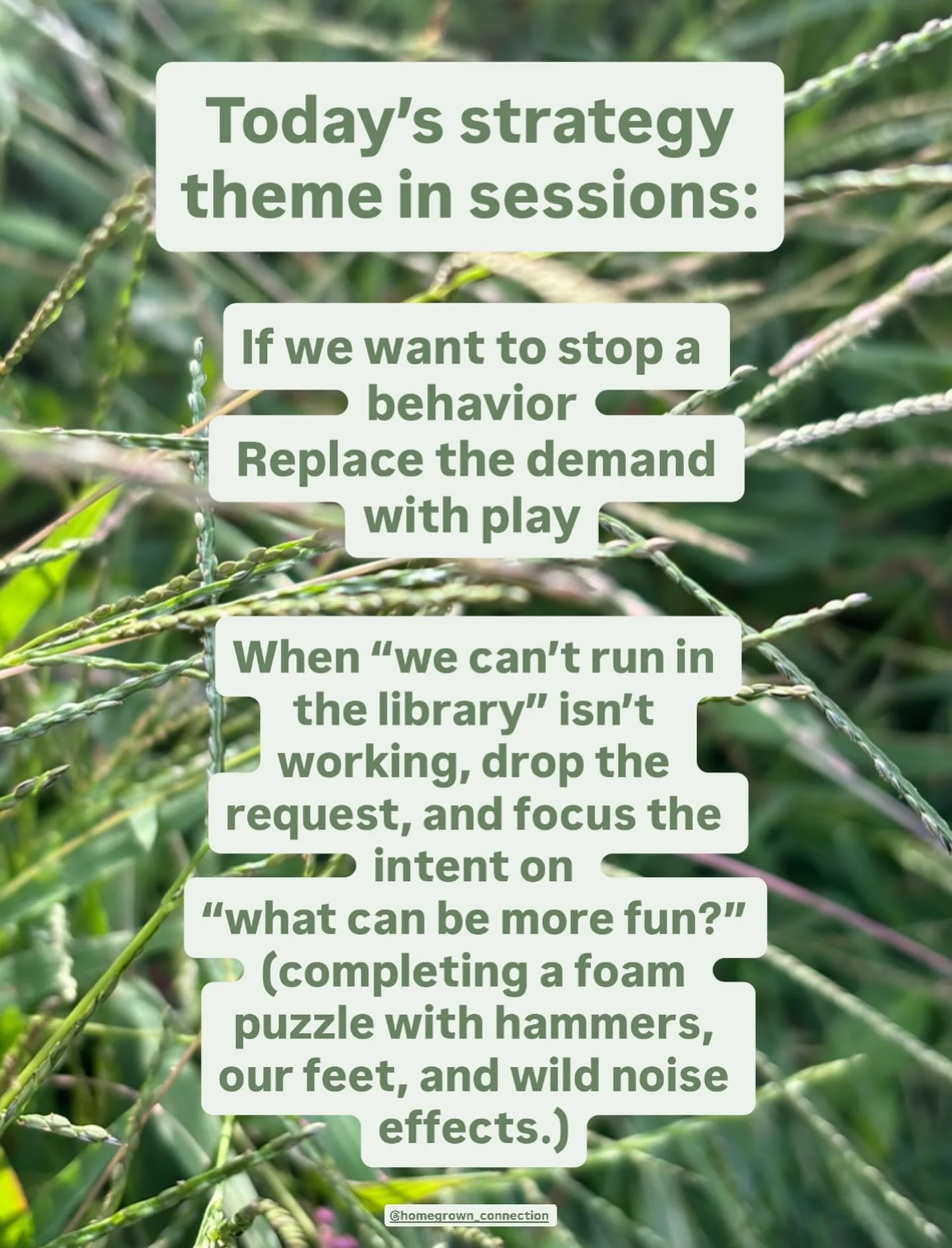 Today&rsquo;s strategy theme in sessions: 

If we want to stop a behavior

Replace the demand with play

When &ldquo;we can&rsquo;t run in the library&rdquo; isn&rsquo;t working, 

drop the request, 
and focus the intent on

&ldquo;what can be more f