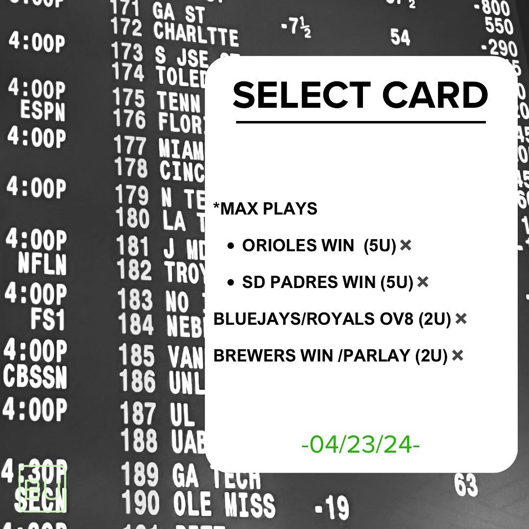 04/23 SELECT . Select falls short (0-4) on a subpar slate . Ball didn&rsquo;t go our way , reliable data &amp; analytics didn&rsquo;t yield the expected results . Locked and loaded for the Bounceback, let&rsquo;s get it 💰💰