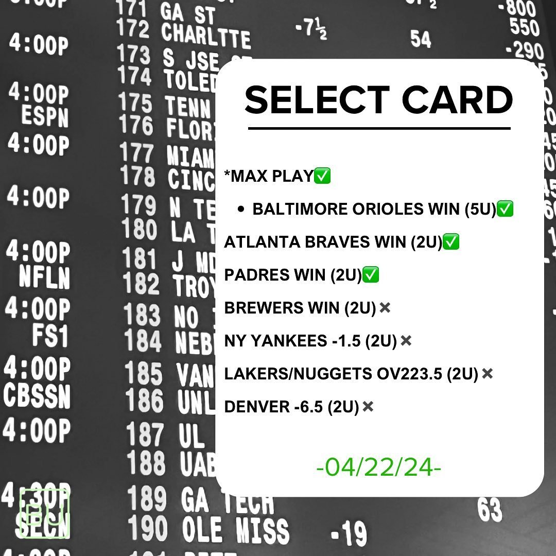04/22 SELECT . Another *MAX PLAY WINNER to start the week . *MAX PLAYS improve to 22-3 past 25. We push on a 3-4 outing . Lets get it 💰💰
▪️
Transparency 💯 
All Results Posted (W\L) 📈
▪️

&ldquo;BET FOR PROFITS, NOT ACTION&rdquo;

#sports #freepla