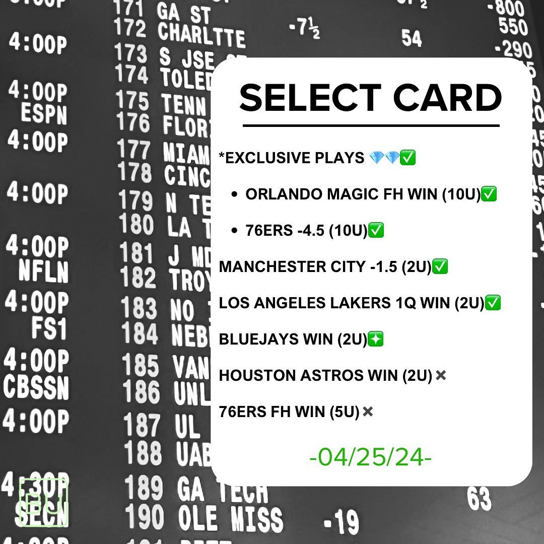 04/25 SELECT . EXCLUSIVE PLAYS 💎💎 SWEEP 🧹 (2-0). Another monster slate for our SELECT PLAYERS , EXCLUSIVES 💎  are a perfect 3-0 this week . Let&rsquo;s get it 💰💰💰💰🤑
▪️
Transparency 💯 
All Results Posted (W\L) 📈
▪️

&ldquo;BET FOR PROFITS, 