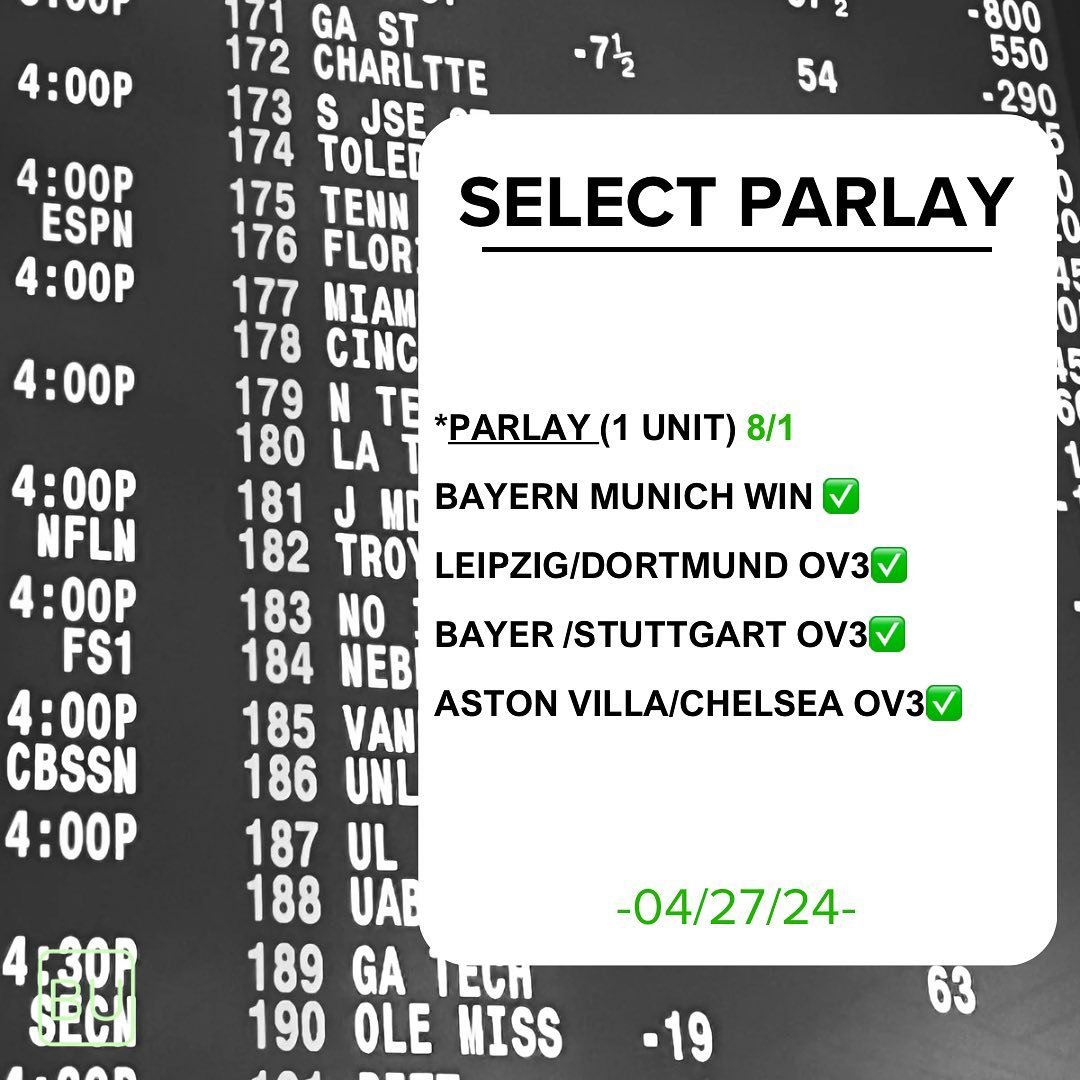 04/27 SELECT . Huge 8/1 PARLAY WINNER for our SELECT PLAYERS. ⚽️ is on an absolute Heater 🔥at the moment . Congratulations to everyone who tailed , you got paid 💰💰💰

$100 CLIENTS MADE $800 ON THIS PARLAY ALONE . LETS EAT 🤑

▪️
Transparency 💯 
A