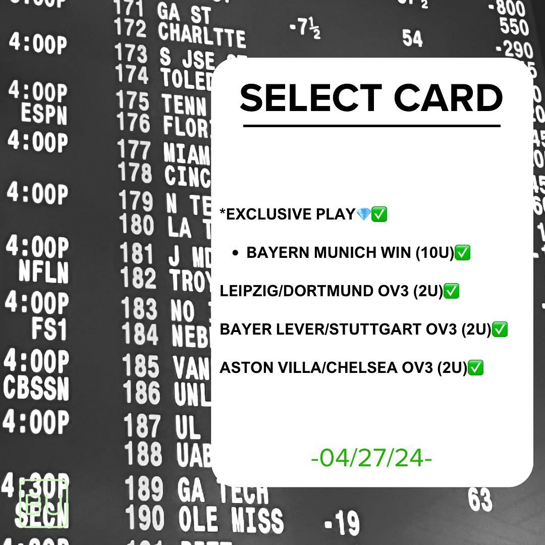 04/27 SELECT . CLEAN SWEEP (4-0) ON AN ALL ⚽️ SLATE. EXCLUSIVE PLAYS STRIKE AGAIN ( BAYERN MUNICH ML💎✅). PERFECT 5-0 EXCLUSIVE WEEK WITH A HUGE 8/1 PARLAY WINNER. We net 17 UNITS on the slate 🤑🤑🤑
▪️
Transparency 💯 
All Results Posted (W\L) 📈
▪️