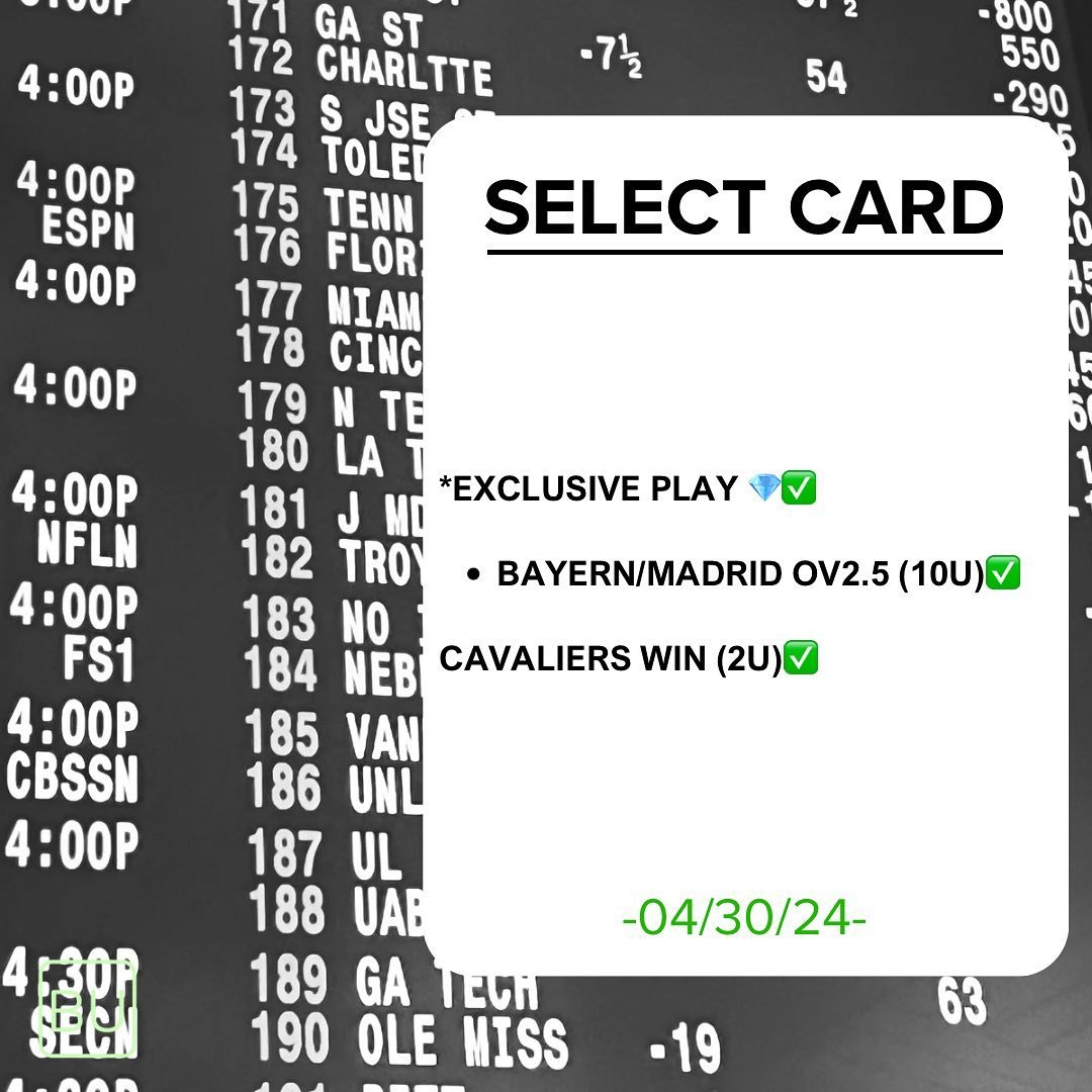 04/30 SELECT . SELECT SWEEPS (2-0) on a +10 UNITS SLATE. EXCLUSIVE PLAYS 💎 STAY UNDEFEATED WITH ANOTHER BLOWOUT WINNER . 

EXCLUSIVE PLAYS - PERFECT (7-0 RUN)

▪️
Transparency 💯 
All Results Posted (W\L) 📈
▪️

&ldquo;BET FOR PROFITS, NOT ACTION&rd