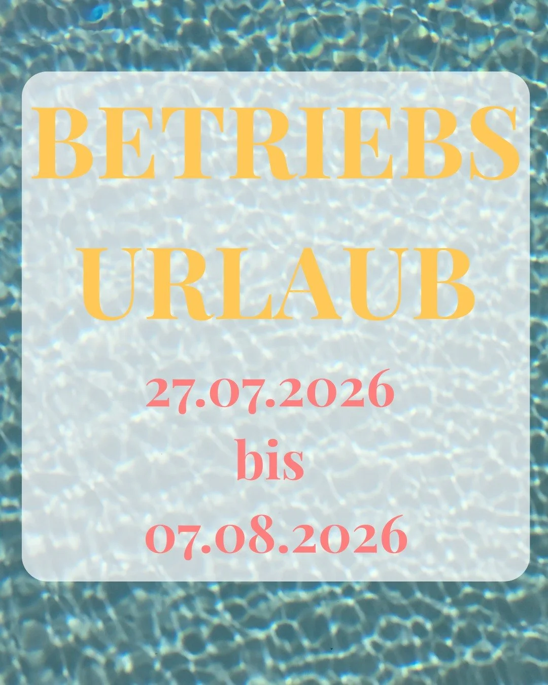 Betriebsurlaub ☀️

Wir g&ouml;nnen unserem Team eine kleine Sommerpause.

Von Montag, 27. Juli 2026, bis einschlie&szlig;lich Freitag, 7. August 2026, bleibt unser Betrieb geschlossen.

Ab Montag, 10. August 2026, sind wir wieder wie gewohnt f&uuml;r
