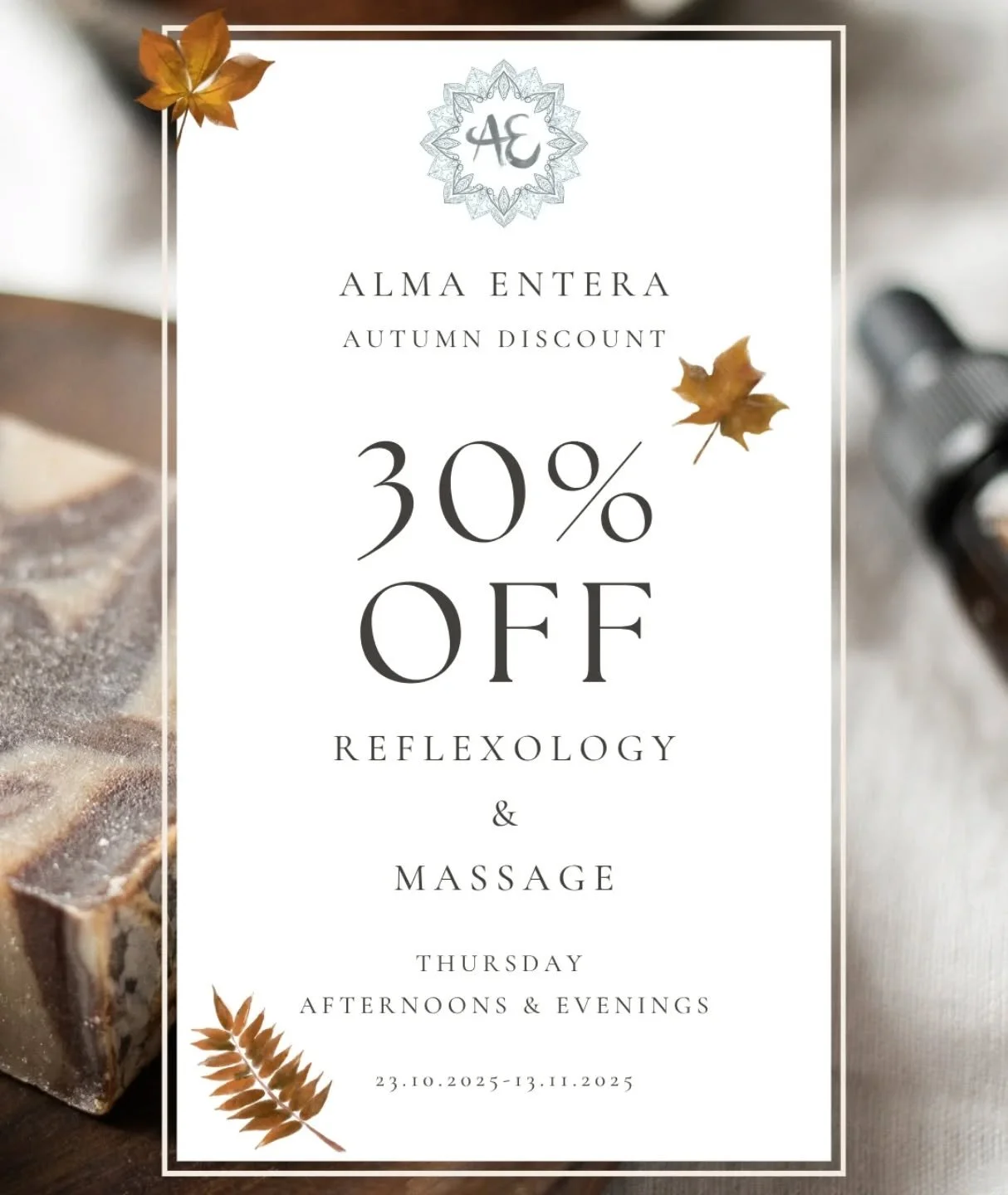LIMITED TIME AUTUMN OFFER 🍂 
As a welcome back to regular treatments at ninetyone, I am putting on a discount for ALL clients (current, past and new). From Thursday 23rd October 2025 to Thursday 13th November 2025, you can claim 30% off your massag