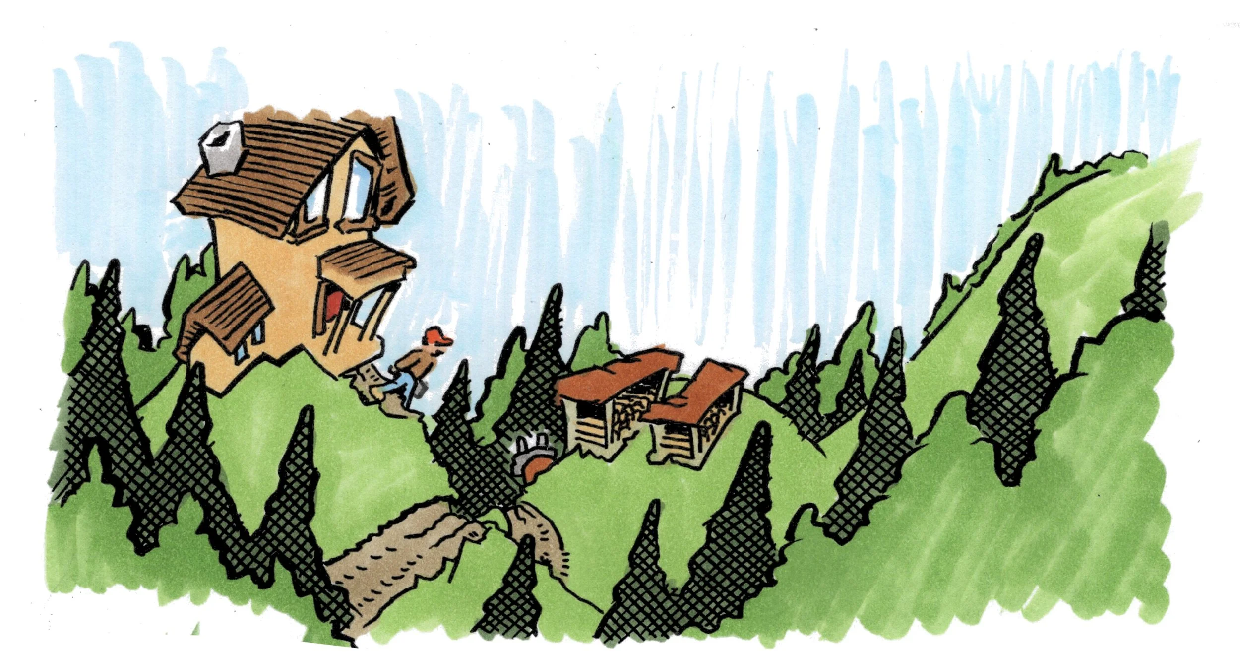 House on a hill. Dirt driveway. Woodsheds. A man exiting the house.