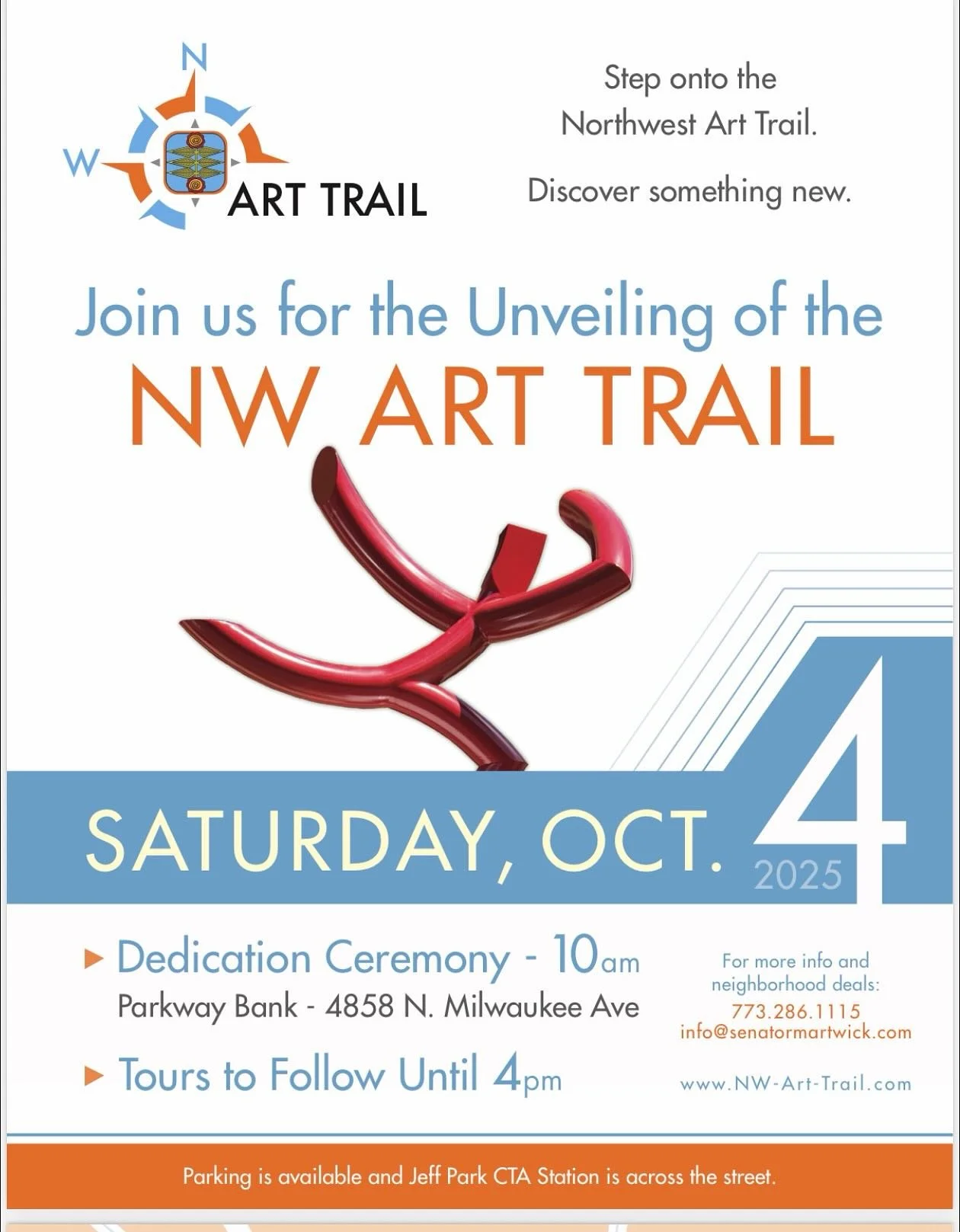 This Saturday, October4th starting at 10am&hellip;next door at Parkway Bank, the Northwest Art Trail kicks off. Sponsored and organized by Senator Rob Martwick (10th District).

Come check out the sculptures and grab a beverage @westonscoffee before 