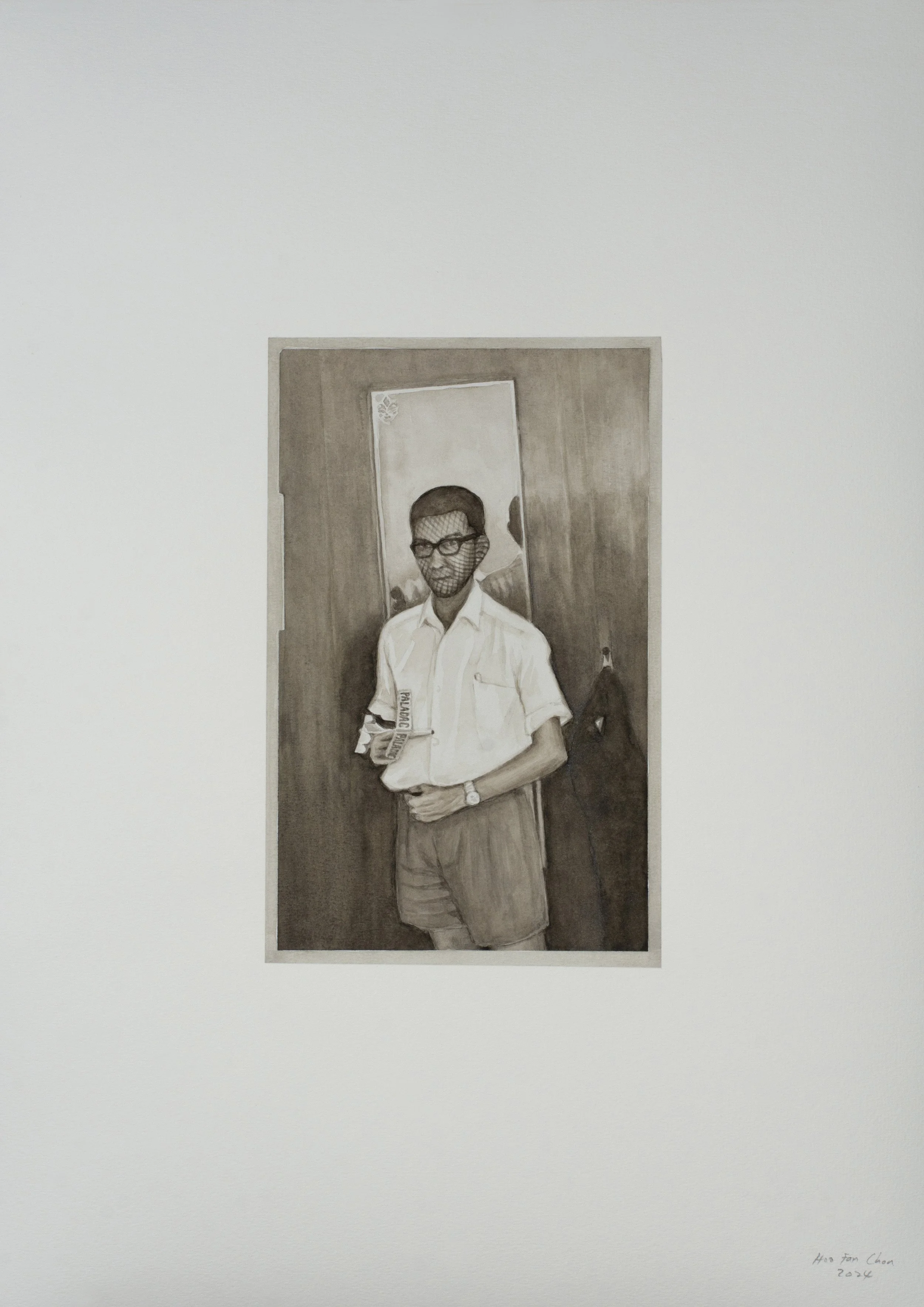   Hoo Fan Chon ,  Boy holding a glider plane , 2024, Watercolour on 300 gsm acid-free paper, 59.4 × 42 cm (paper size), 64.7 × 47 cm (framed size)&nbsp; 
