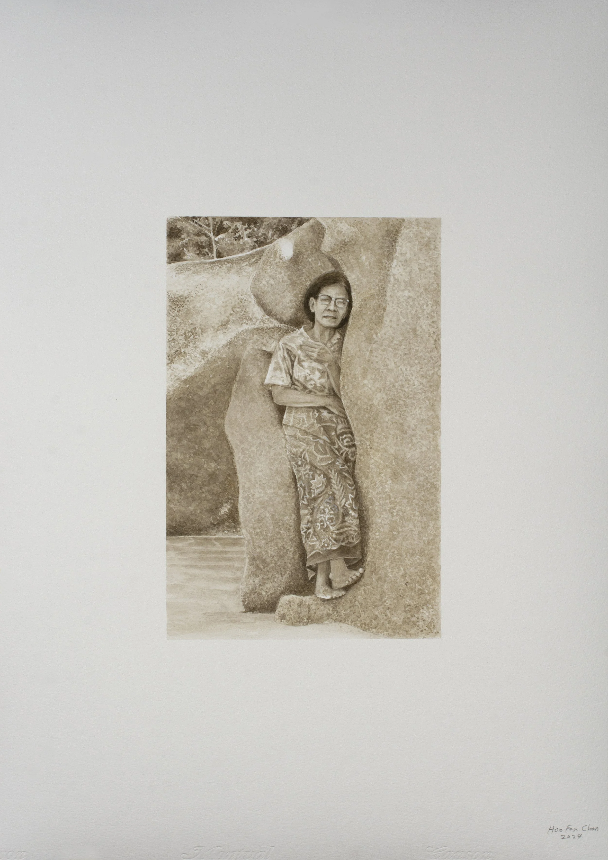   Hoo Fan Chon ,  Lady between rock crevice , 2024, Watercolour on 300 gsm acid-free paper, 59.4 × 42 cm (paper size), 64.7 × 47 cm (framed size)&nbsp; 