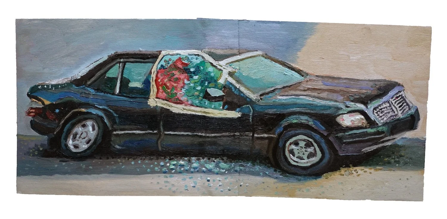 Study of a Mercedes with Smashed Window Concealed by Floral Carpet_2024_Oil on canvas_22.7 × 53.4 cm.jpg