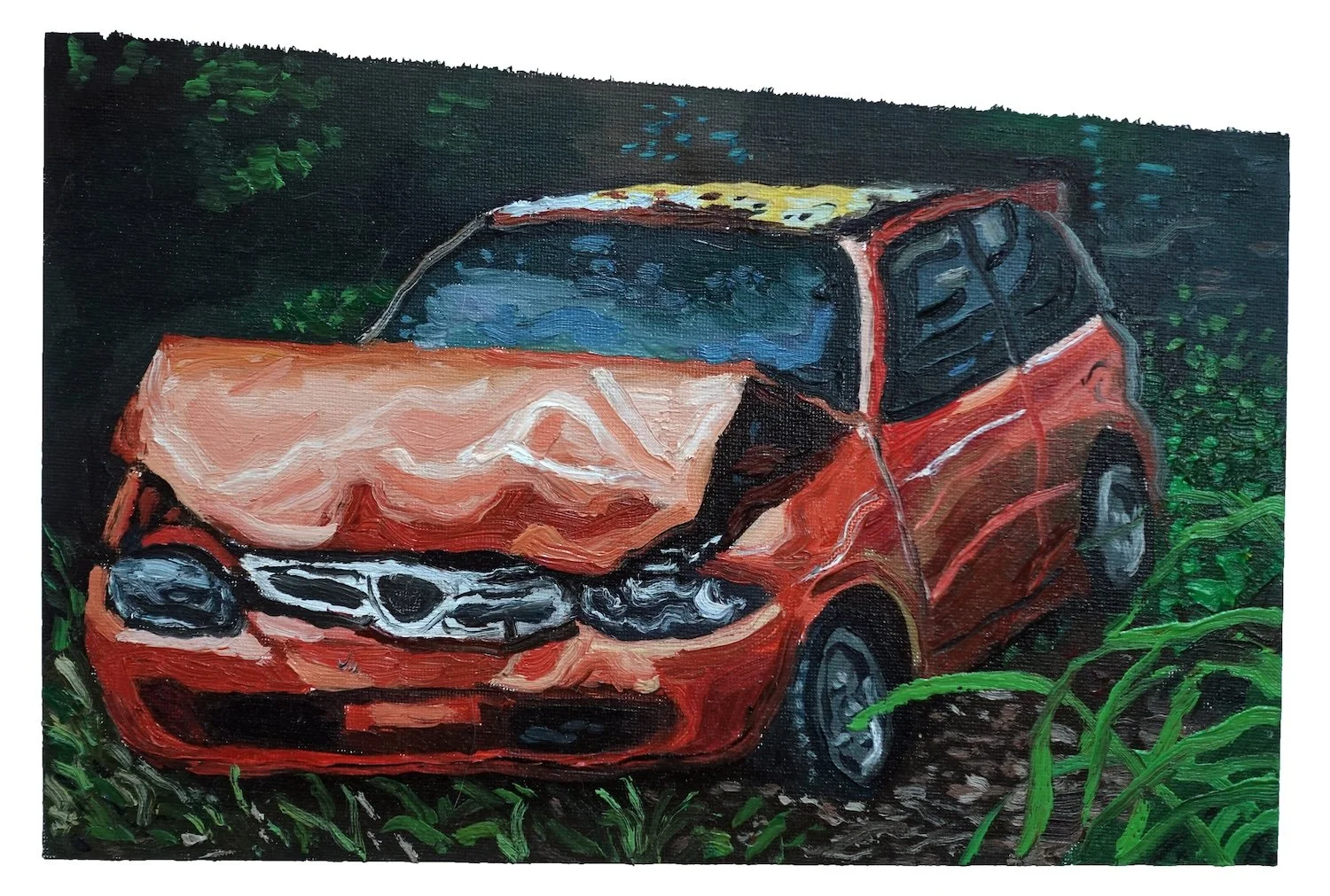 Study of a Red Car with Frontal Collision Damage_2024_Oil on canvas_20 × 30 cm.jpg