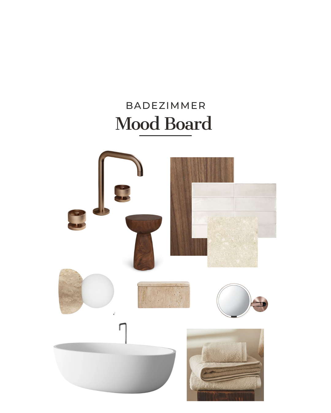 Moodboard für Badezimmer mit Wänden und Oberflächen in Erdtönen, Badewanne, Handtücher, Spiegel, Licht, Wasserhahn, Kerzen und Dekoration aus Holz und Stein.