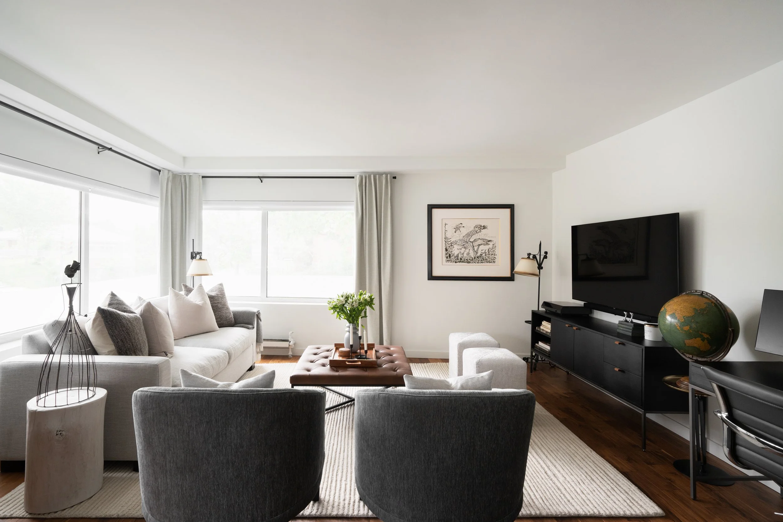 Westmount Living Room Redesign with Neutral Textiles & Leather Ottoman