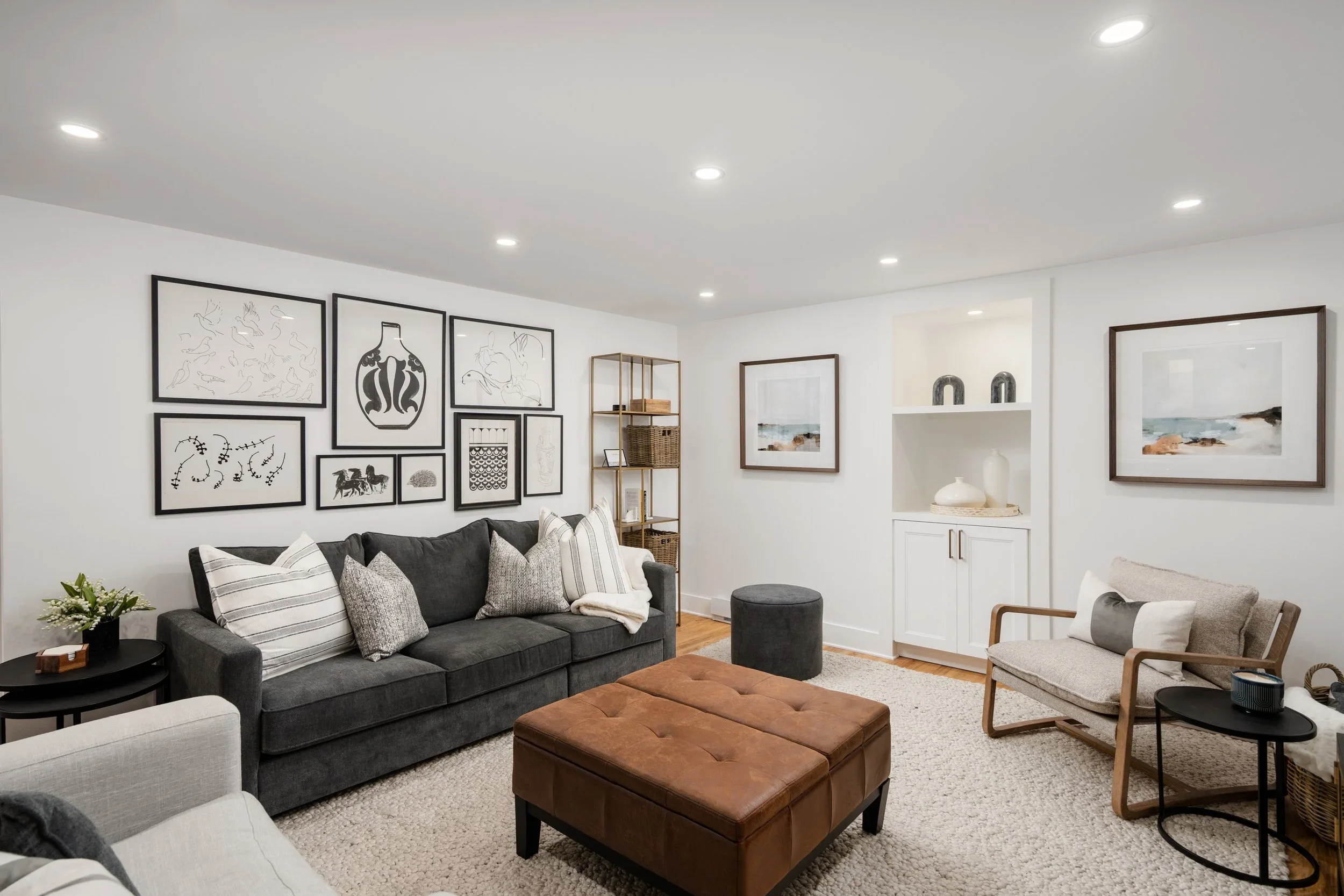 Country Street Basement Family Lounge with Gallery Wall