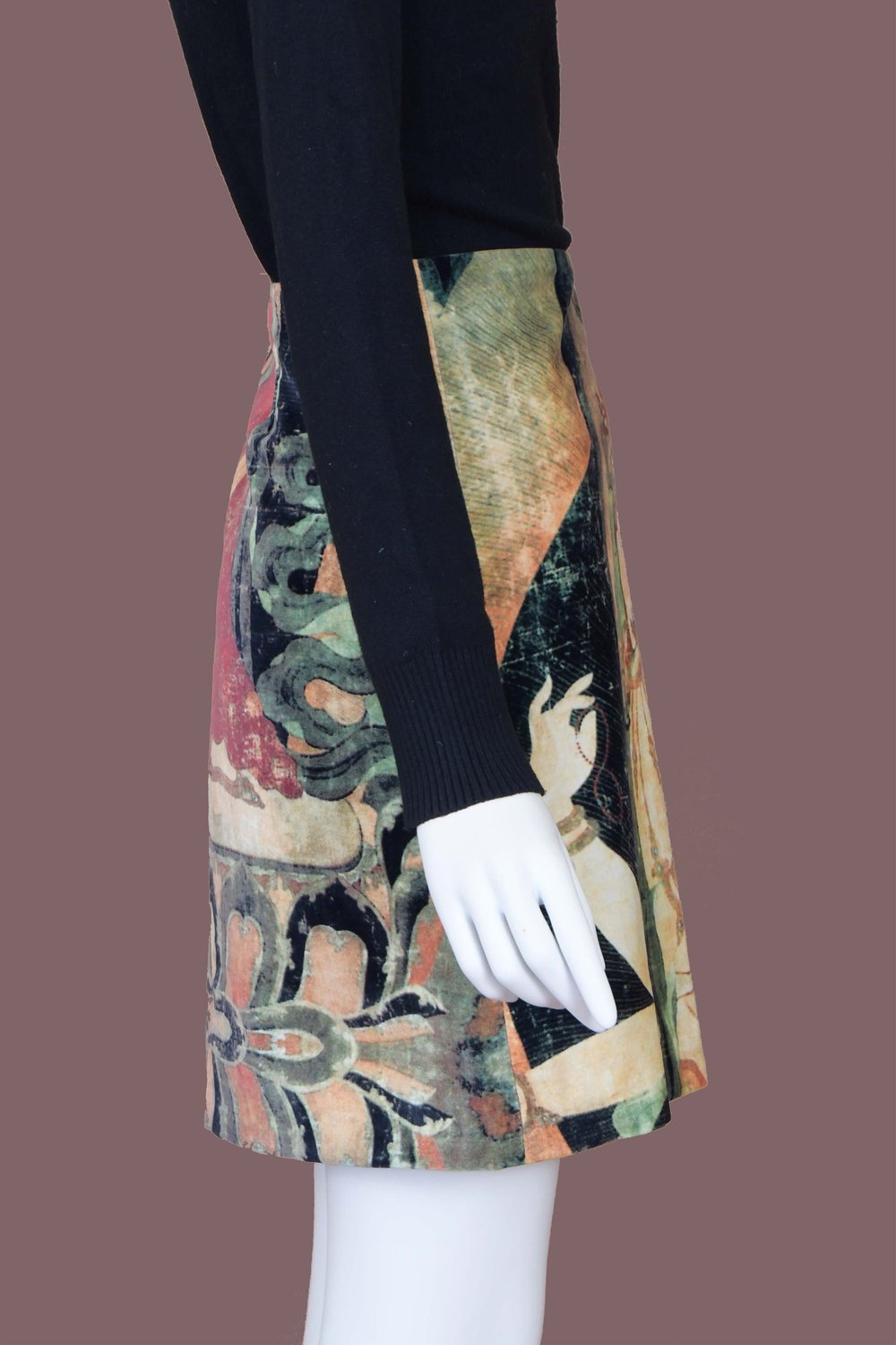 Jupe Droite Vivienne Tam Imprimé Bouddha En Velours Coton - Taille 3 (M), Années 90 Neuve Avec étiquettes