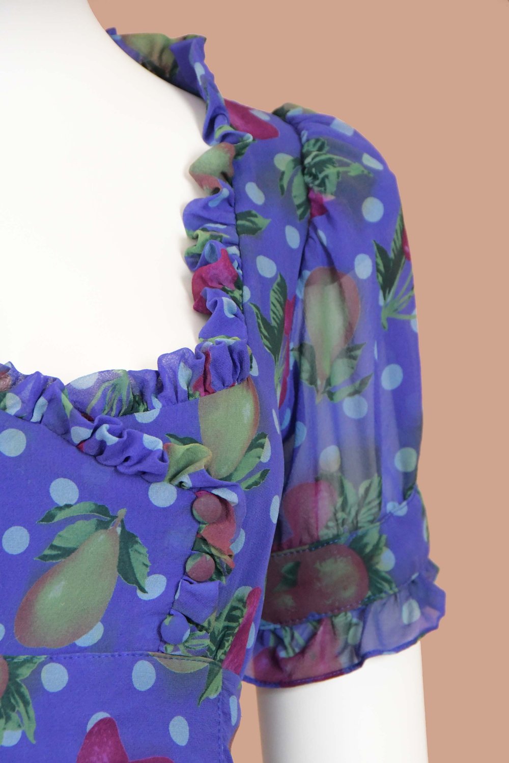 Betsey Johnson Vintage Fruit Print Babydoll Silk Minidress (S) Boontique Betsey Johnson Vintage Fruit Print Babydoll Silk Minidress (S) Boontique
