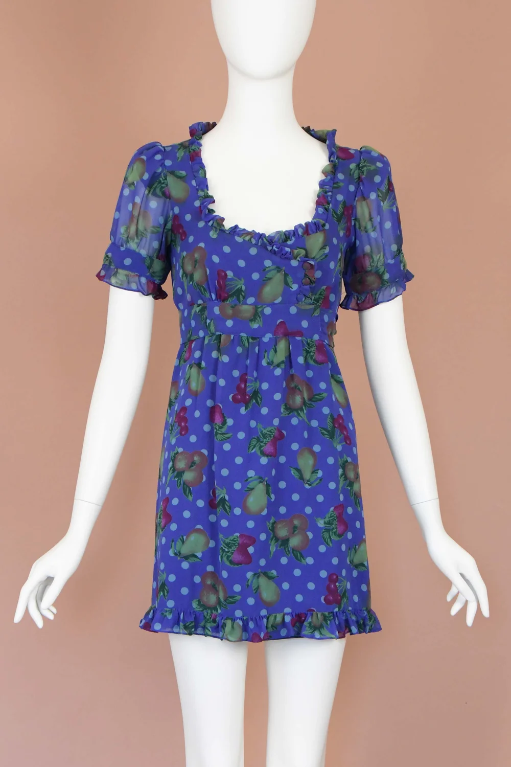 Betsey Johnson Vintage Fruit Print Babydoll Silk Minidress (S) — Boontique