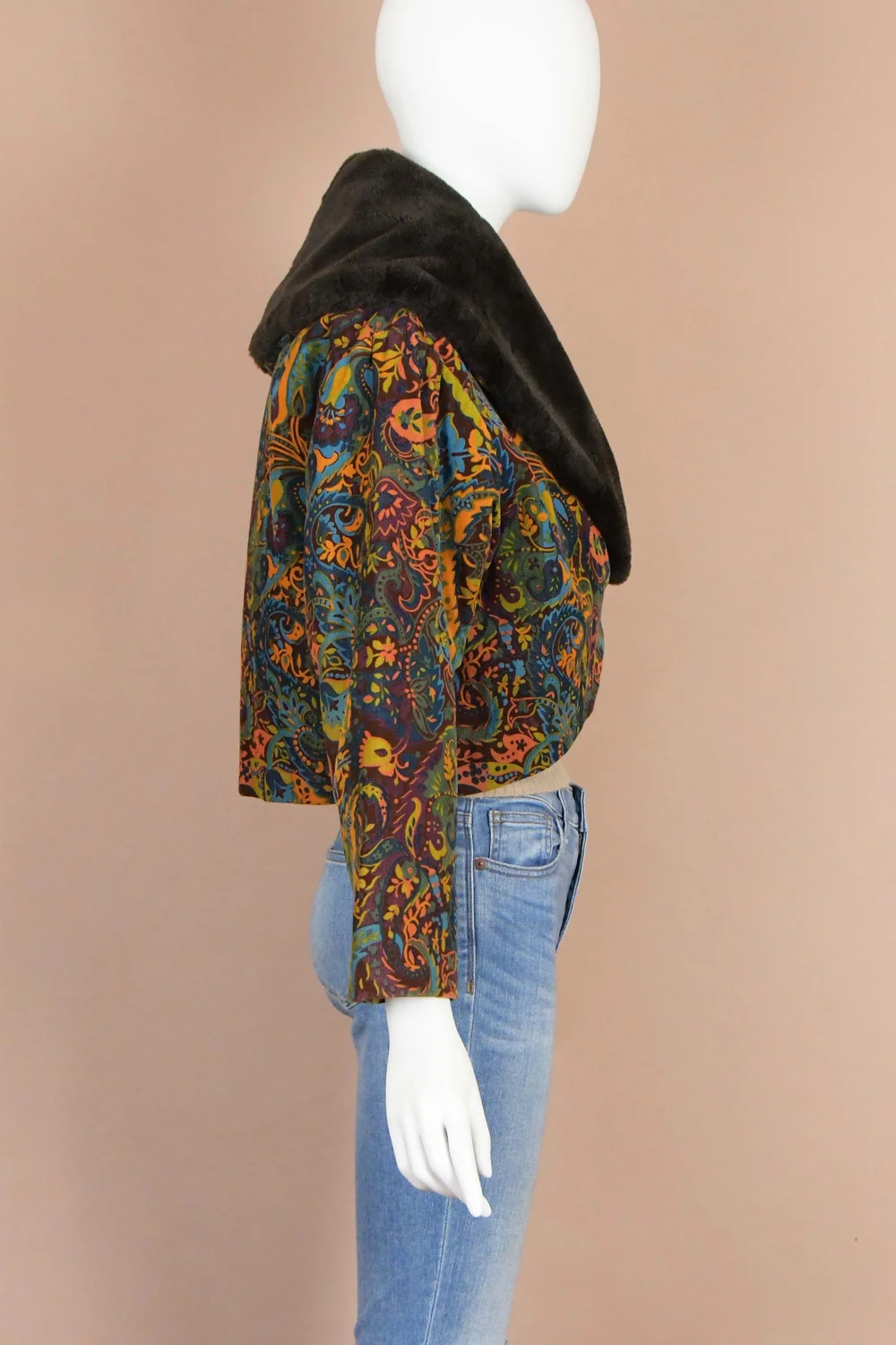 Kenzo Jungle Vintage Paisley Corduroy and Faux Fur Cropped Jacket 