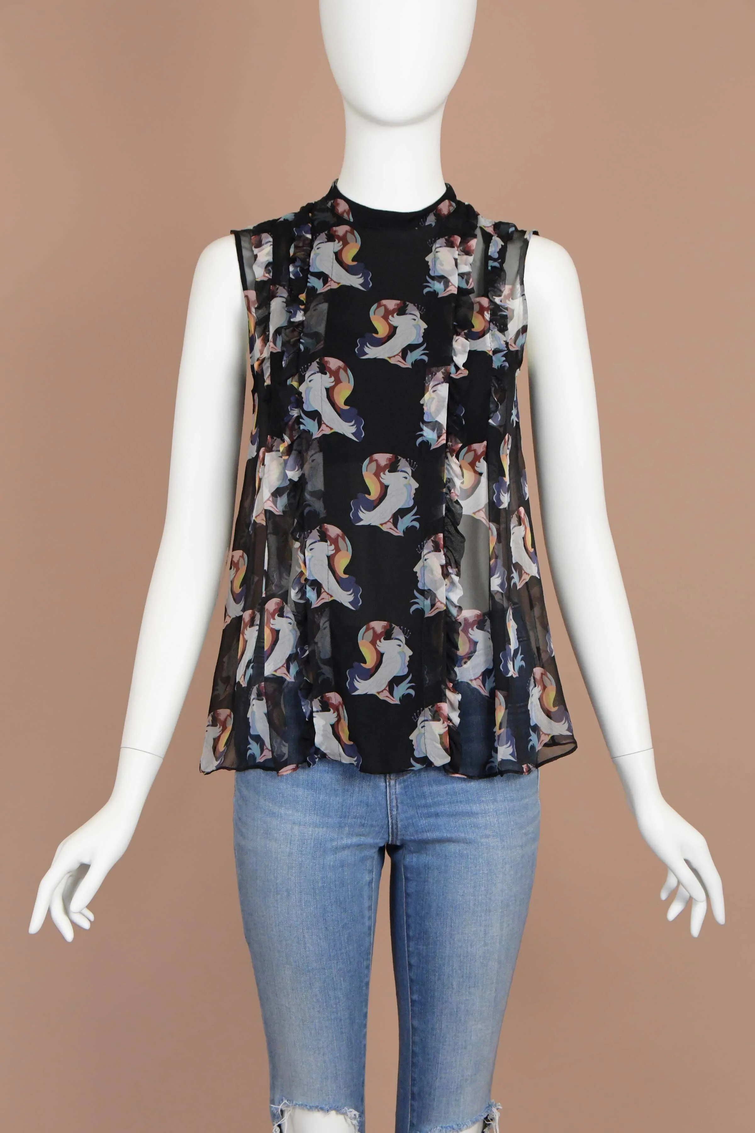 Miu Miu S/S 2014 Art Nouveau Bird Print Sheer Blouse (S)