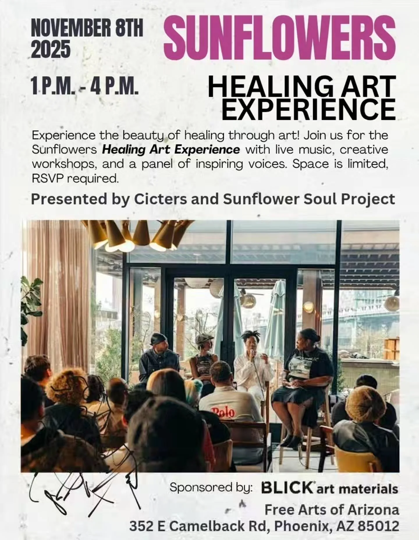 🌻 Sunflower Healing Art Experience 🌻Presented by Sunflower Soul Project &amp; Cicters

Join us for a soulful day of healing, creativity, and connection. The Sunflower Healing Art Experience features live music, interactive art workshops, and a powe