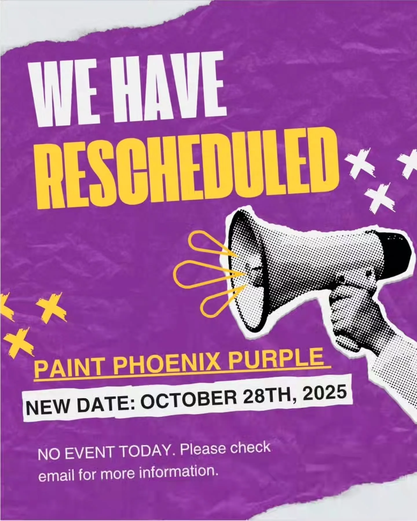 💜💜💜ATTN: Paint in the Park attendees💜💜💜

Today's event have been RESCHEDULED to October 28th due to a chance of rain. The City of Phoenix sent an email yesterday. Please reply if you are available to attend on October 28th or if you would like 