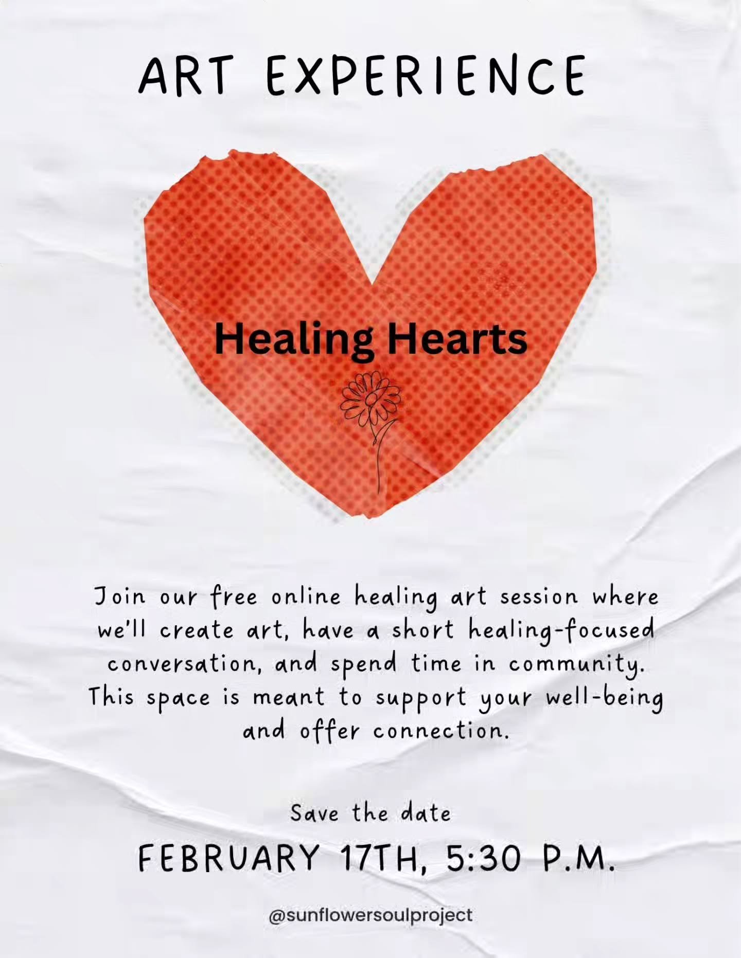 Save the date: February 17th, 2026

Join our free online healing art session where we&rsquo;ll create art, have a short healing-focused conversation, and spend time in community. This space is meant to support your well-being and offer connection.

I