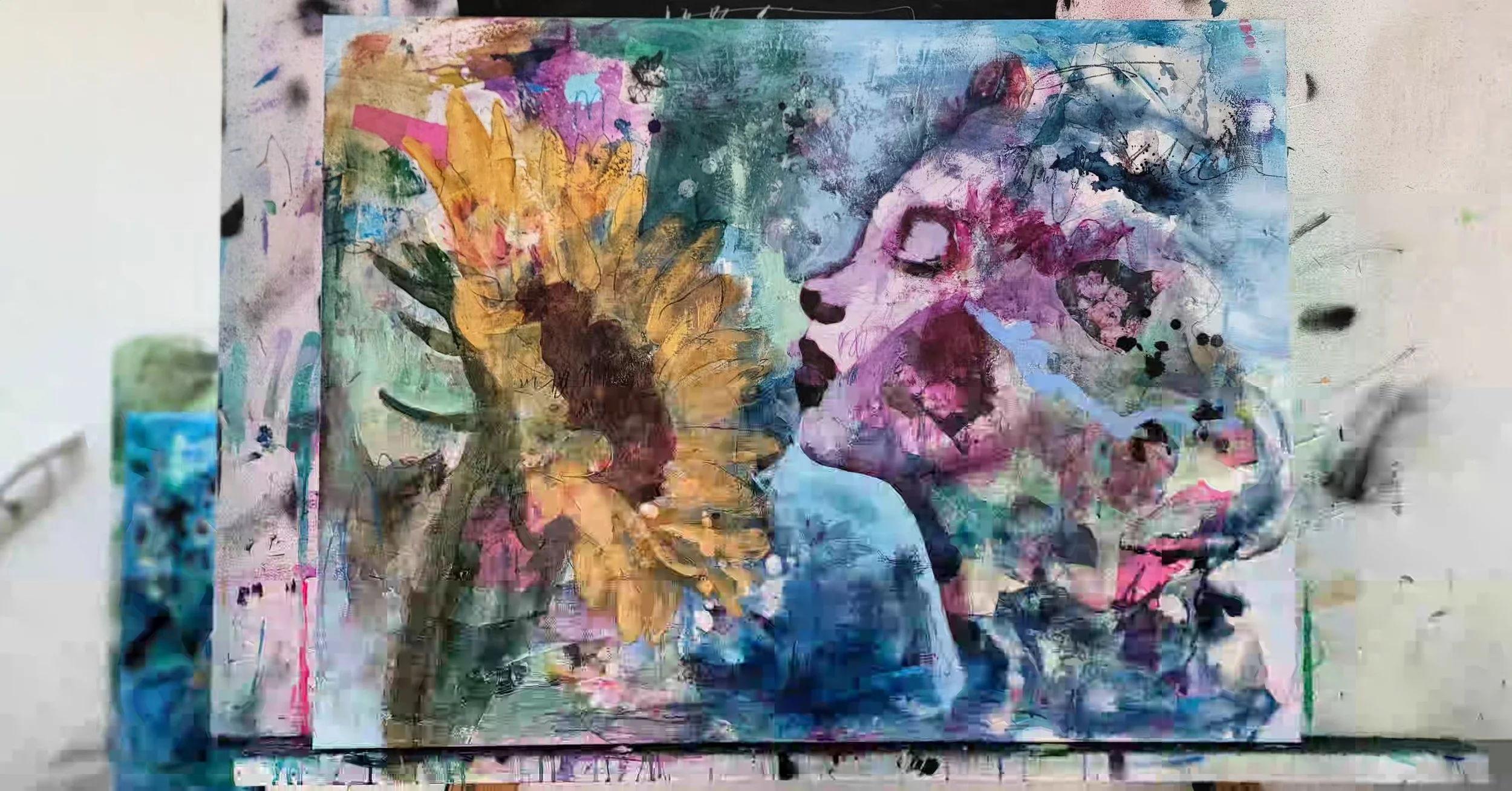 I&rsquo;m loving how this painting is unfolding. There is something healing when imagery and color come to life. My process allows play, exploration and freedom to just CREATE. I love the process of piecing things together through collage, painting i