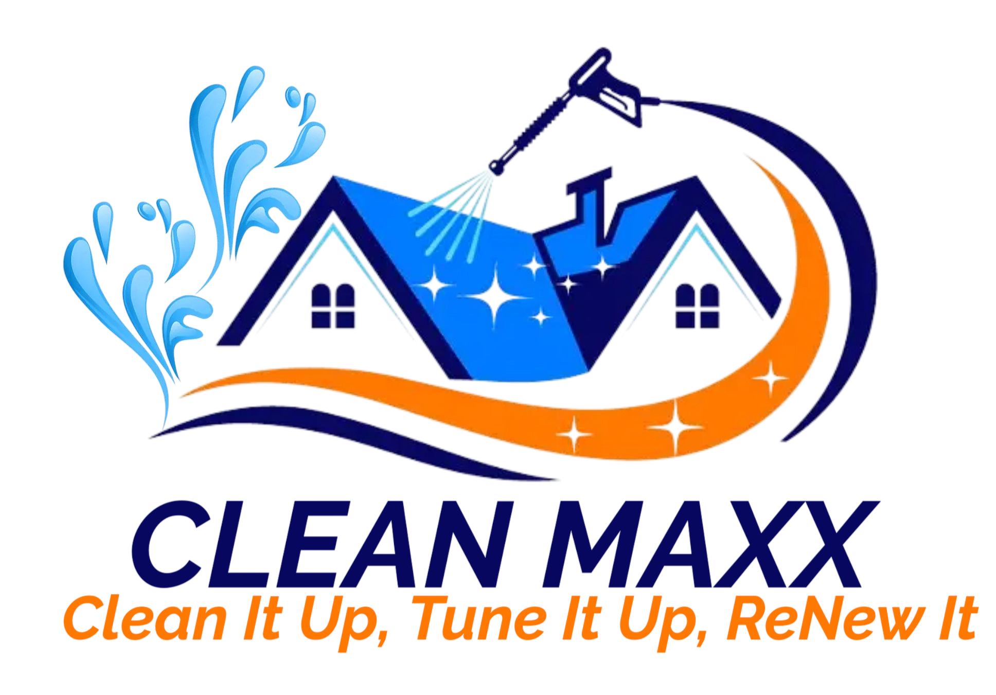 Logo for CLEAN MAXX featuring a stylized house being washed by a water spray, with blue water streams and an orange swoosh, along with the company name and slogan 'Clean it Up, Tune it Up, ReNew It.'