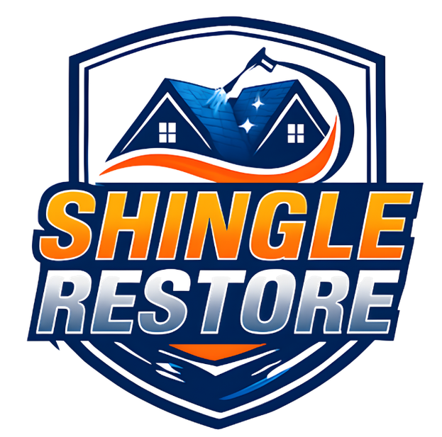 Logo for Shingle Restore featuring a house with a shingle roof, a shield design, and the company name in bold yellow and gray letters.