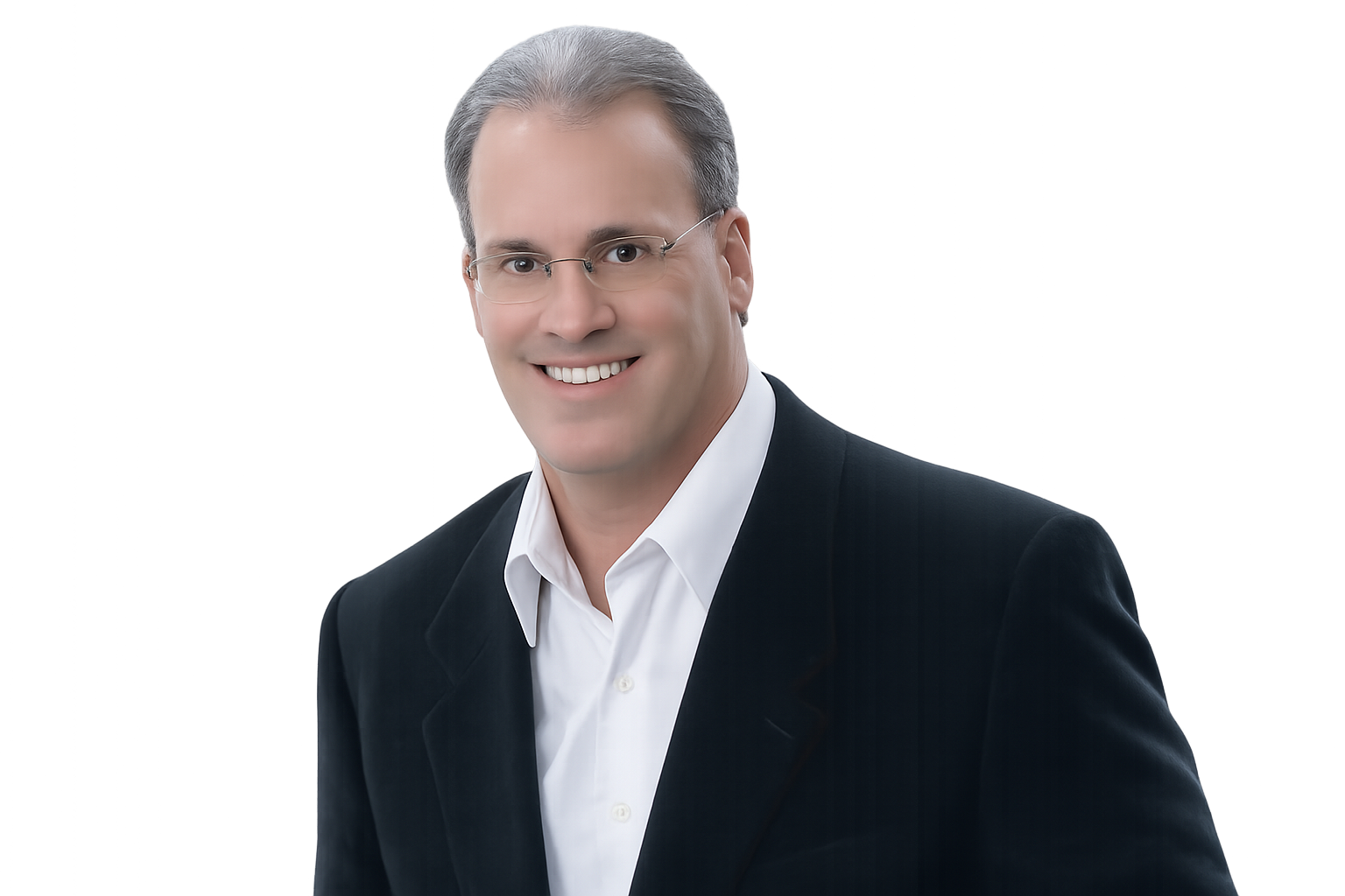 Professional headshot of a smiling man in a black suit and white shirt, wearing glasses.