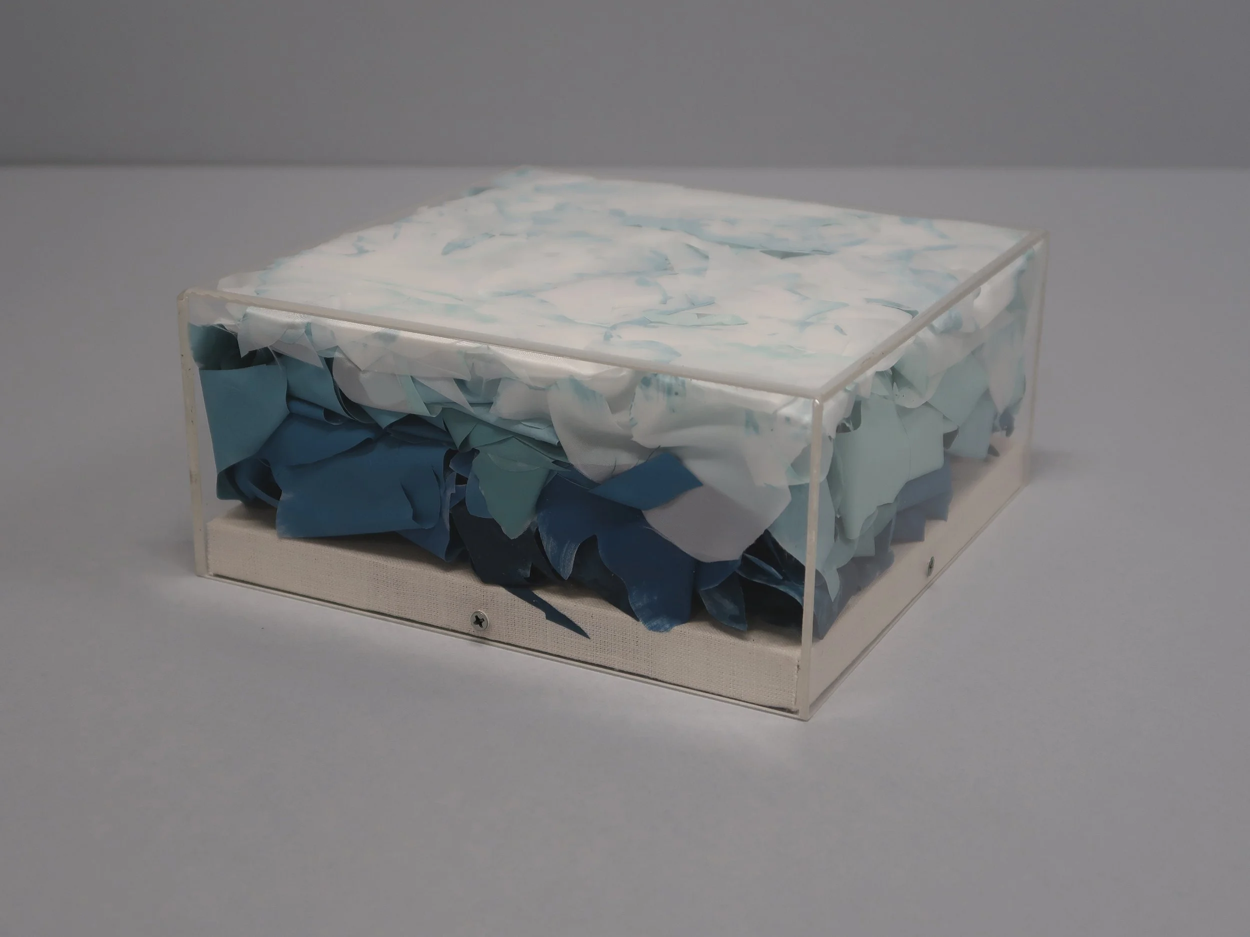    untitled (stamukhi III)  , 2025, Recycled Plexiglass Vitrine, Recycled Film Projection Screen, Recycled Interior House Paint, 4 × 8.875 × 8.875” 
