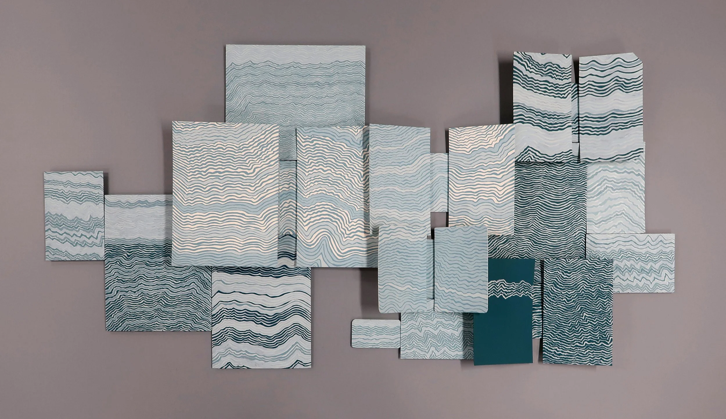 untitled (leave no trace) , 2025, Recycled Interior House Paint Recycled Matte Board Mounts, 26.625 × 59.625 × 2.875”, total installation dimensions & layout vary