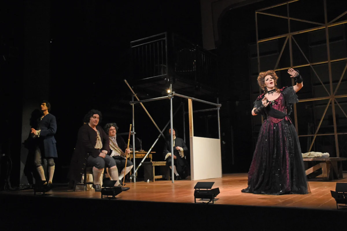 Nell Gwynn (S. Apostolou) auditions in front of Betterton (R. Loyd) and Sir Charles Sedley (R. Melo), with Kynaston (M. Kelly) in background - Photo by Tina Buckman