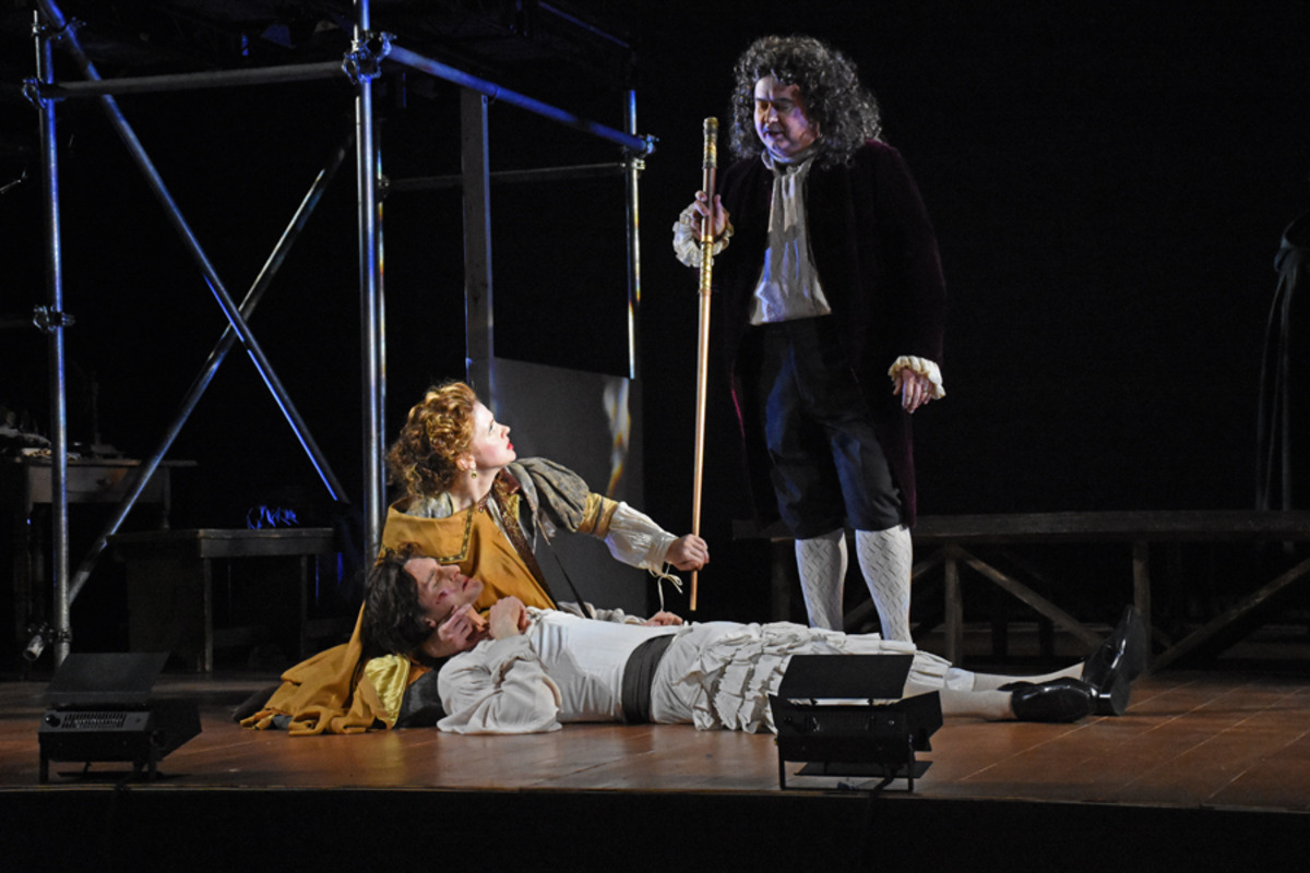   Kynaston (M. Kelly), Margaret Hughes (M. H&ouml;glund), and Sir Charles Sedley (R. Melo) - photo by Tina Buckman  