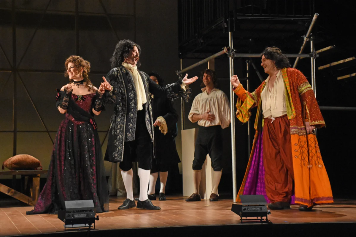 Nell Gwynn (S. Apostolou), Charles II (Marc Schreiner), and Thomas Betterton (R. Loyd) - Photo by Tina Buckman