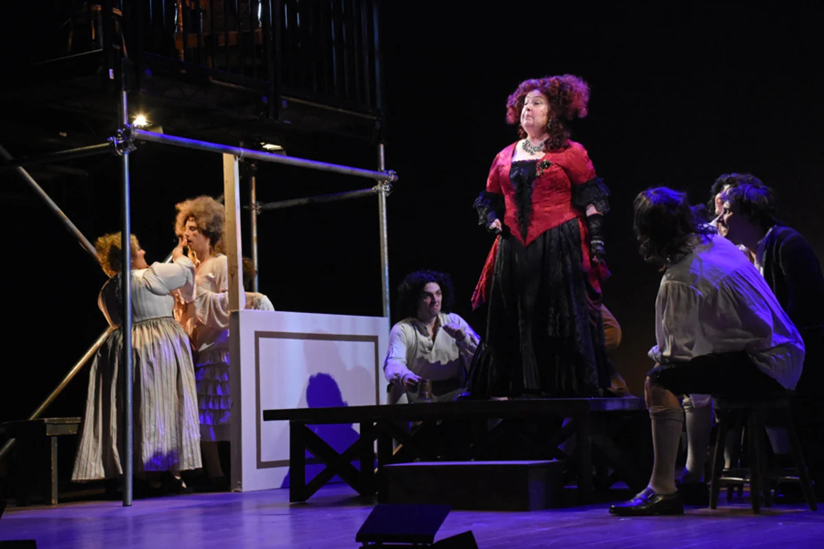 Mistress Revels (J. Shaulis) at the tavern as Kynaston (S. Owens) prepares - Photo by Tina Buckman