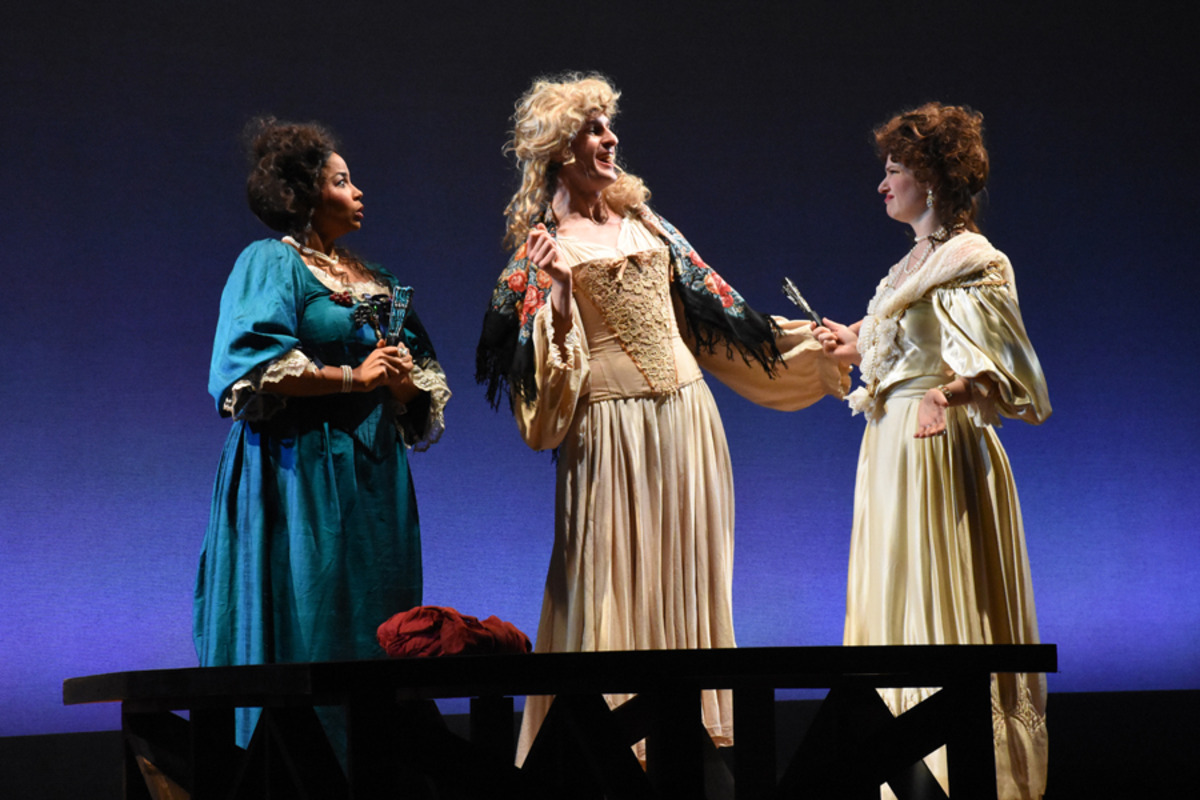    Kynaston (M. Kelly), Margaret (M. H&ouml;glund) with Miss Frayne (H. Hill), Lady Meresvale (E. Pojanowski) - Photo by Tina Buckman.   