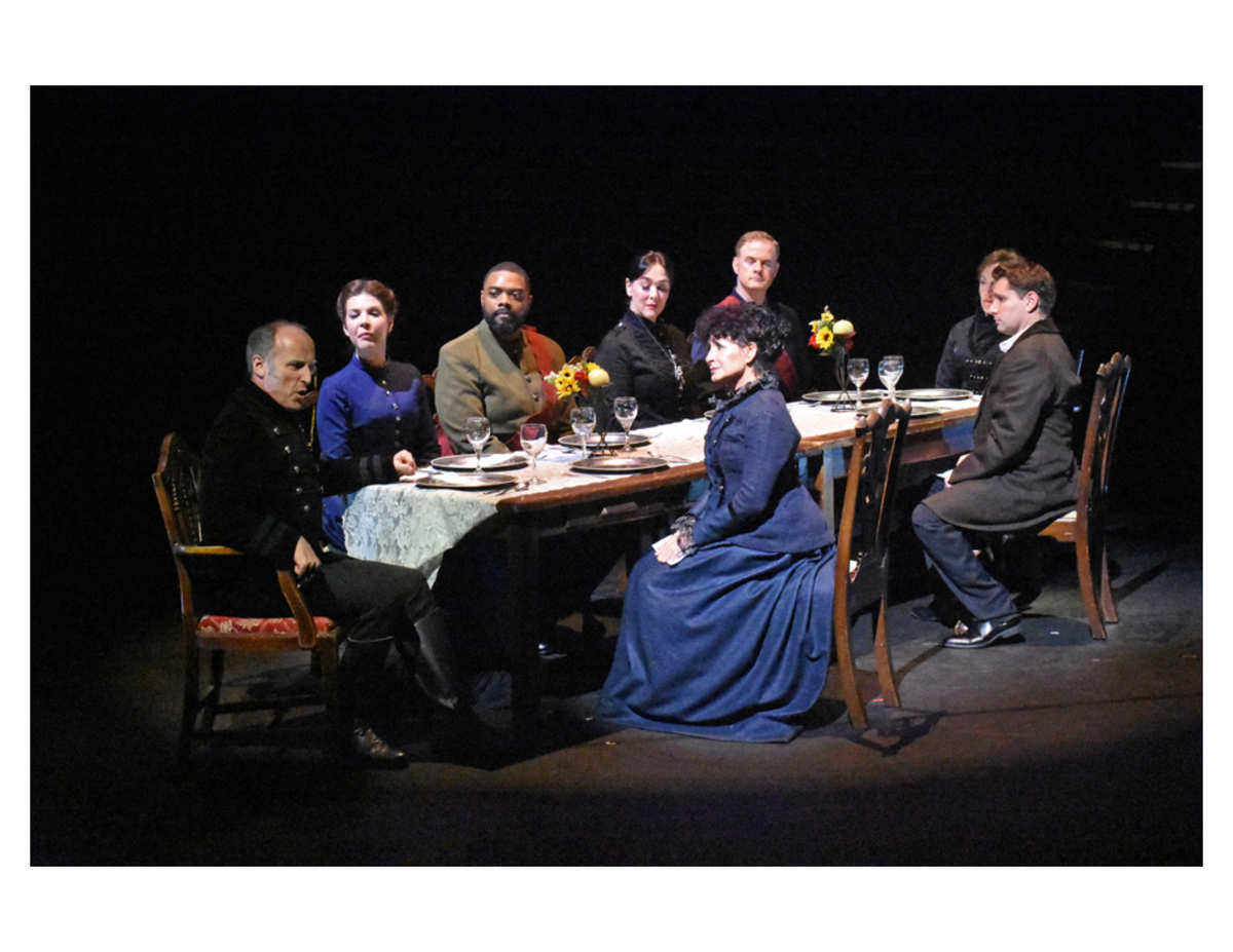   Sir Philip (R. M&uuml;ller) and Mrs. Coyle (J. Hall), with Kate (K. Pracht),  Lechmere (B. Holcomb), Mrs. Julian (M. Stewart), Coyle (M. Curran), Miss  Wingrave (E. Pulley) and Owen (R. Balonek) looking on. Photo by Tina Buckman.  