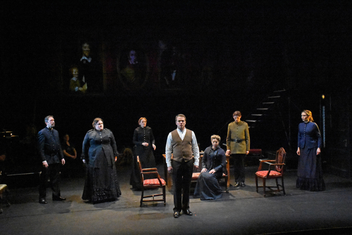   Coyle (D. Klein), Miss Wingrave (T. Cox), Mrs Julian (B. Thiele), Owen  (M. Weyandt), Mrs Coyle (A. Watkins), Lechmere (D. Curran), and Kate (A.  Caso). Photo by Tina Buckman.  