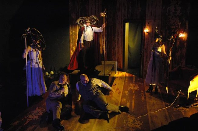Mathurine in disguise (T. Buchholz), Lucas (R. Loyd), Mathurin (A. Webb), Cleon in disguise (M. Boley), and Colette in disguise (J. Sandidge) - Photo by Tina Buckman