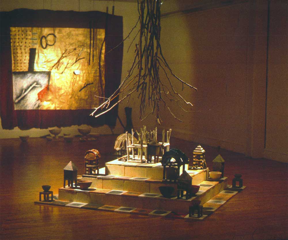 Time-Frame Ziggurat, Nexus Gallery (Earthenware, firebrick, natural forms, photos, sound track); 1979.