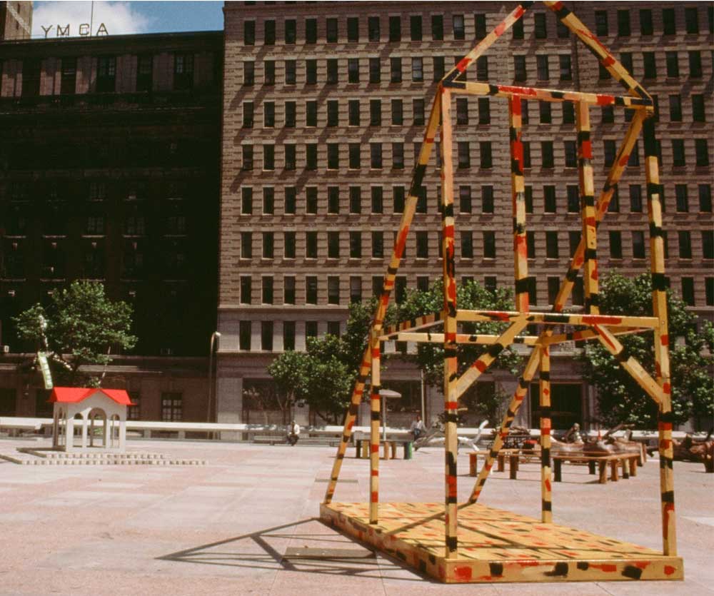 Insites '85 , MSB Plaza, Philadelphia (From a collaboration by three invited artists; wood, acrylic, cement block, natural forms, found objects); 1985
