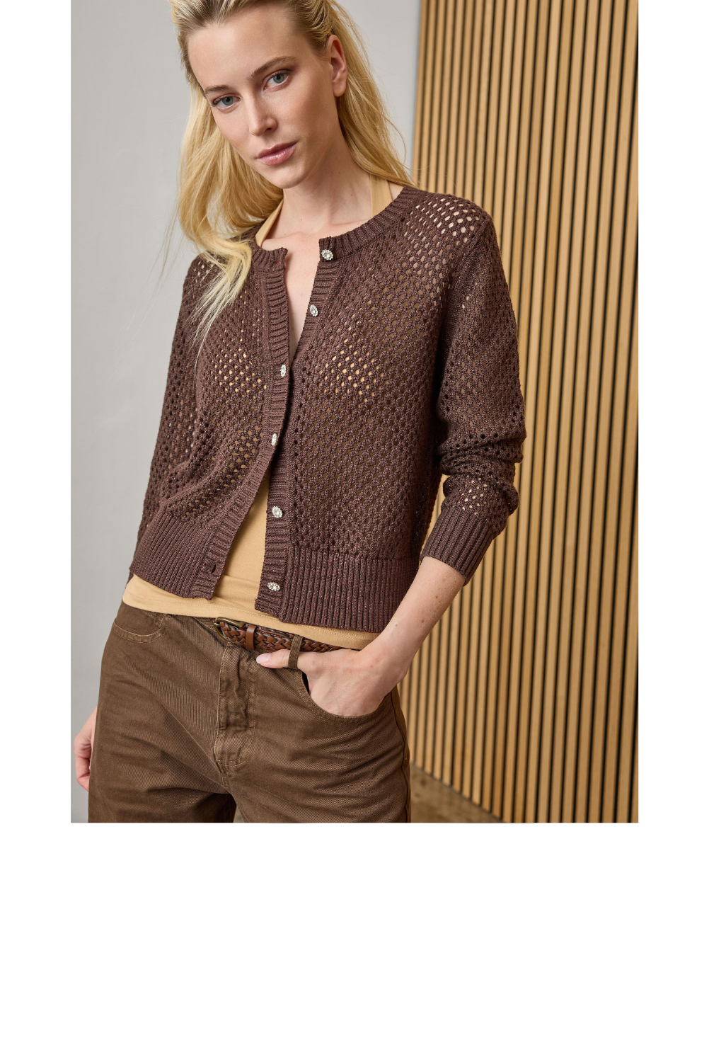 Open Stitch Crewneck Cardigan - Chocolate