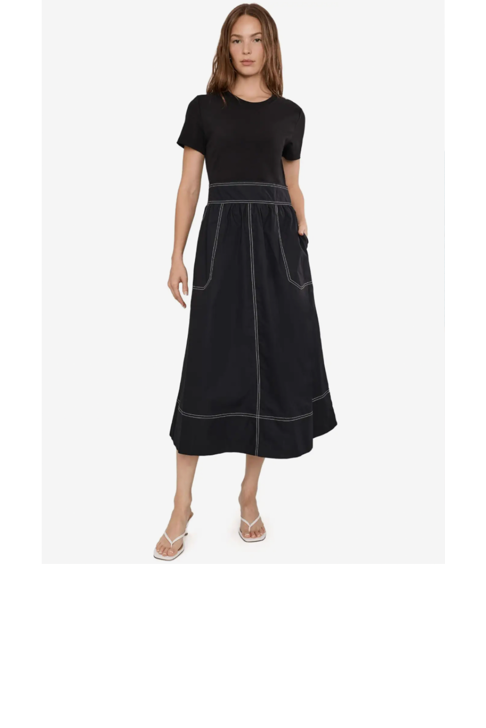 Short Sleeve Mixed Media Midi Dress - Black