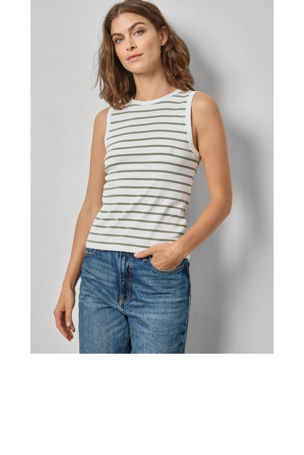 Rib Stripe Round Neck Tank - Sage Stripe