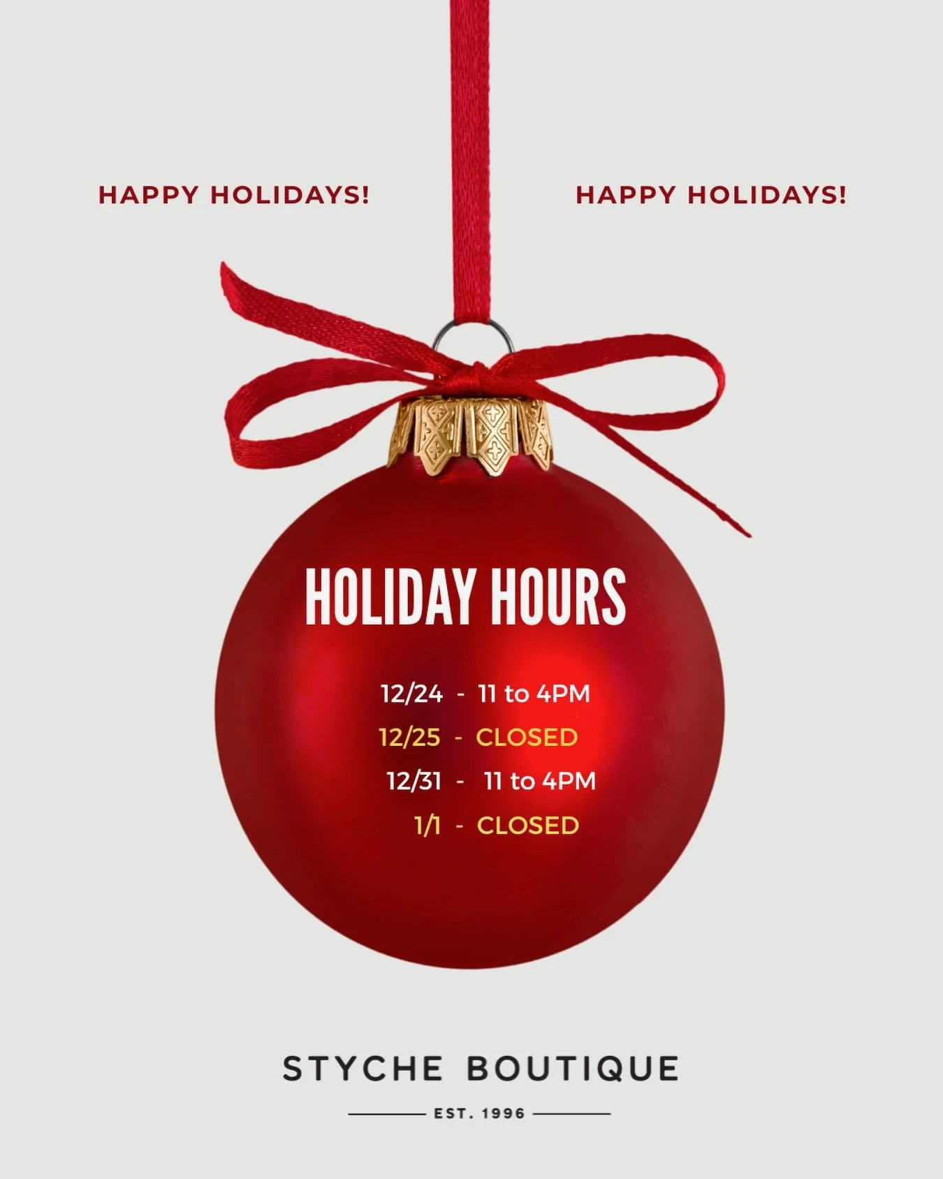 ✨Happy Holidays ✨
We're so grateful for a season filled with celebration, joy and community. Please note our holiday hours and thank you for being part of our year. ❤️