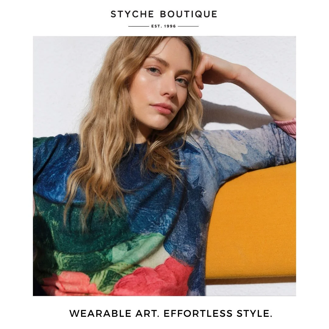 Two Sweaters. Two Personalities.
One is bold and expressive. The other is  soft, textural and quietly distinctive. Shop in -store or online www.shopstche.com