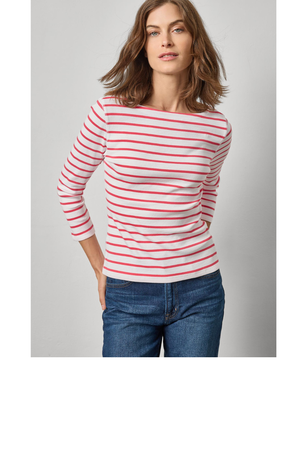 Rib Stripe 3/4 Sleeve Boatneck - Geranium Stripe